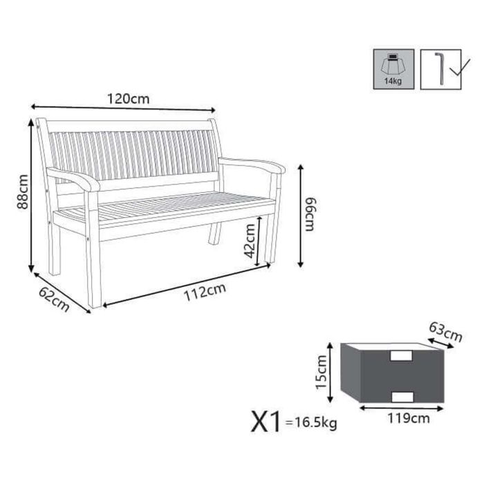 2-Sitzer Bank aus Massivholz 120x62x88H cm