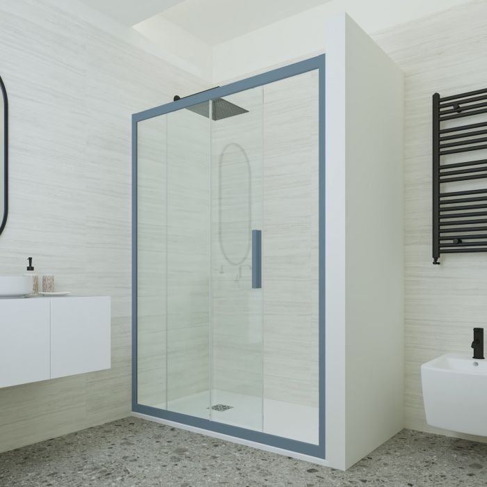 Duschtür gleittür in PVC H 200 Klarglas Blau Navy Profil mod. Deco