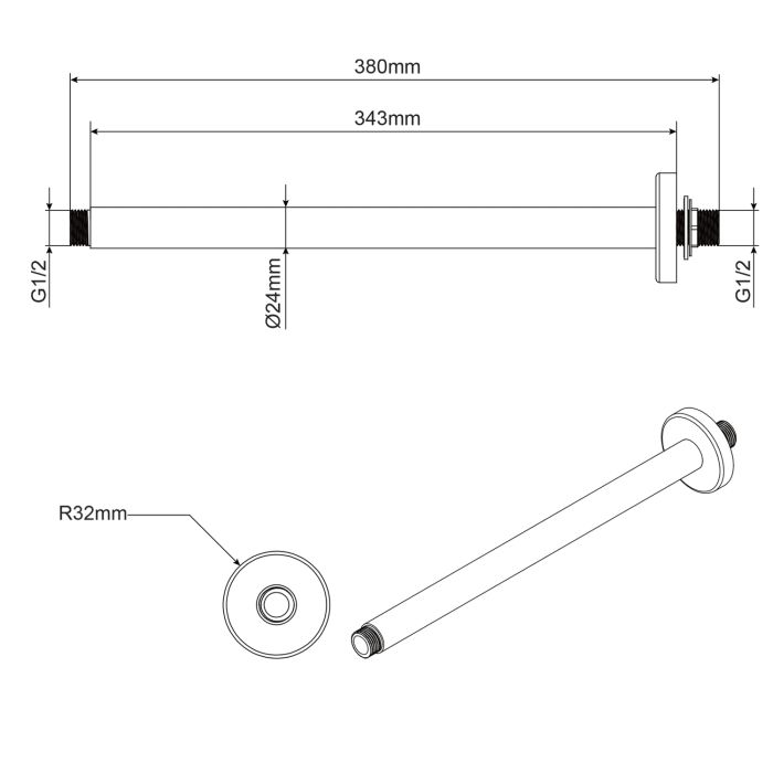 Decken-Duscharm aus Messing Länge 35 cm Mod. Alfa