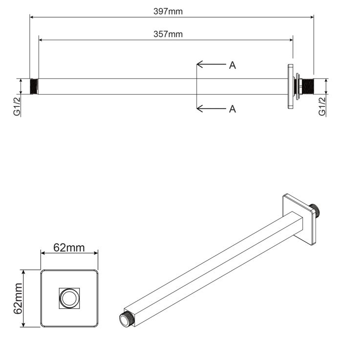 Decken-Duscharm aus Messing Länge 35 cm Mod. Beta