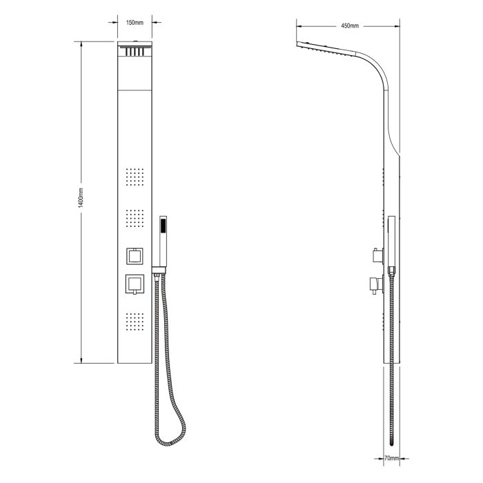 Abgerundetes Duschpaneel aus Aluminium Schwarz 140x15 cm Wasserfallfunktion Mod. Vittoria